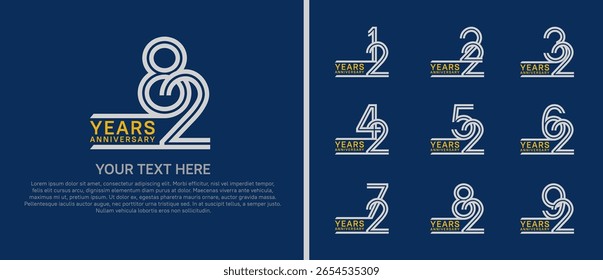 Conjunto de aniversario de logotipo. color plateado y amarillo sobre fondo azul para eventos especiales