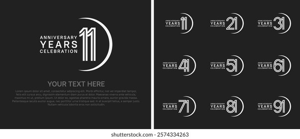 logo anniversary set. white color with swoosh on black background for special event