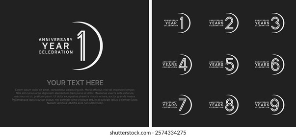 logo anniversary set. white color with swoosh on black background for special event