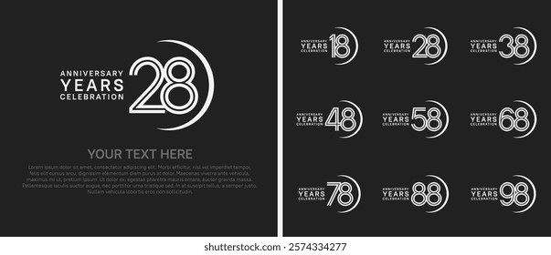 logo anniversary set. white color with swoosh on black background for special event