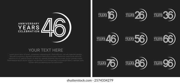 logo anniversary set. white color with swoosh on black background for special event