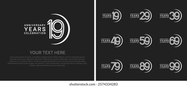 logo anniversary set. white color with swoosh on black background for special event