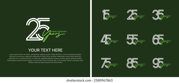 logo anniversary set. white color with green handwriting on green background for special event