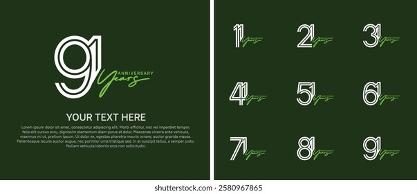 logo anniversary set. white color with green handwriting on green background for special event