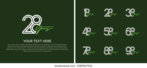 logo anniversary set. white color with green handwriting on green background for special event