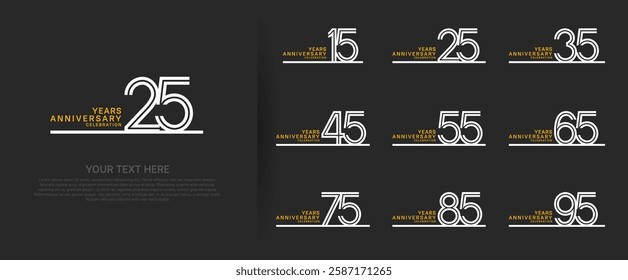 logo anniversary set. white color with long line on black background for special event