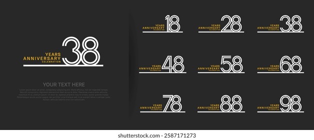 logo anniversary set. white color with long line on black background for special event