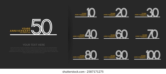 logo anniversary set. white color with long line on black background for special event