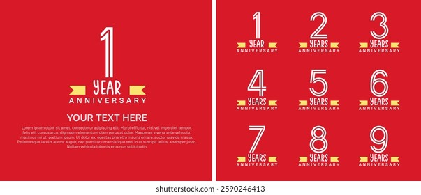 logo anniversary set. white color with yellow ribbon on red background for special event