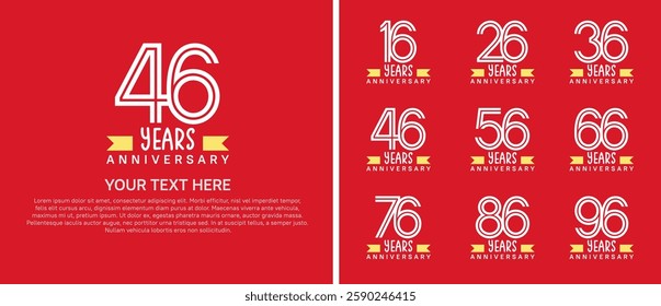 logo anniversary set. white color with yellow ribbon on red background for special event