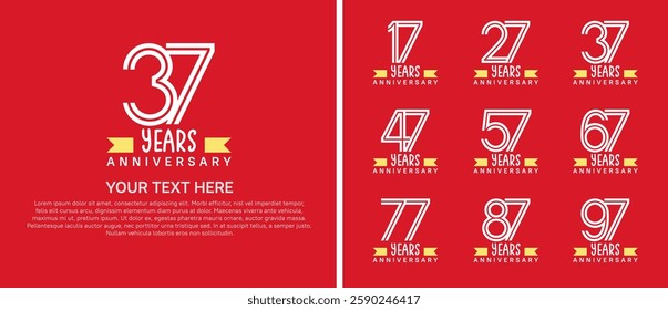 logo anniversary set. white color with yellow ribbon on red background for special event