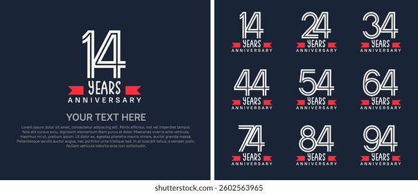 logo anniversary set. white color with red ribbon on blue background for special event