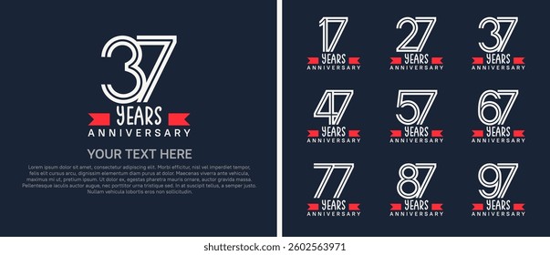 logo anniversary set. white color with red ribbon on blue background for special event