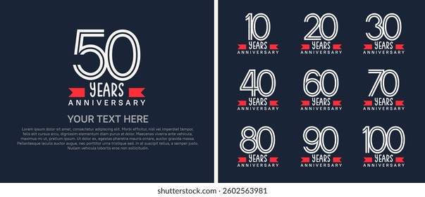 logo anniversary set. white color with red ribbon on blue background for special event