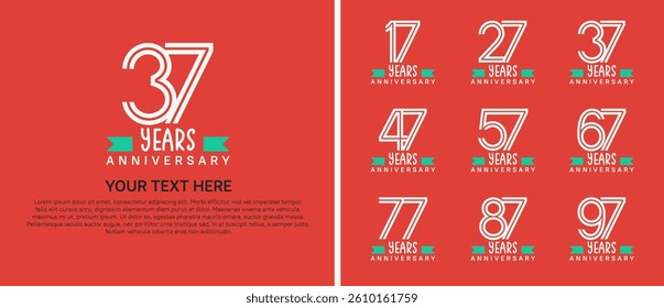 logo anniversary set. white color with green ribbon on orange background for special event