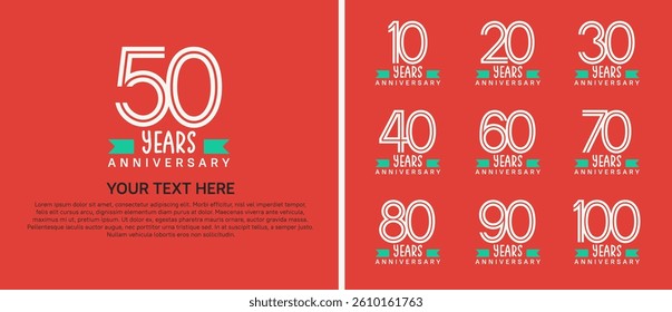 logo anniversary set. white color with green ribbon on orange background for special event