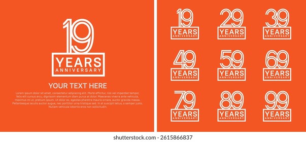 logo anniversary set. white color with square on orange background for special event