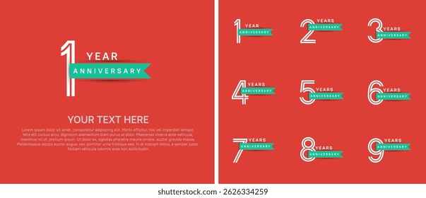 logo anniversary set. white color with green ribbon on orange background for special event