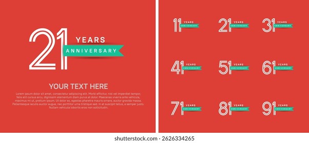 logo anniversary set. white color with green ribbon on orange background for special event