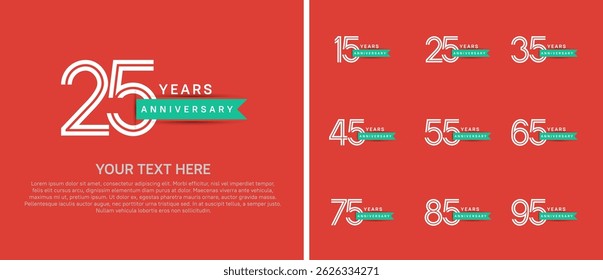 logo anniversary set. white color with green ribbon on orange background for special event