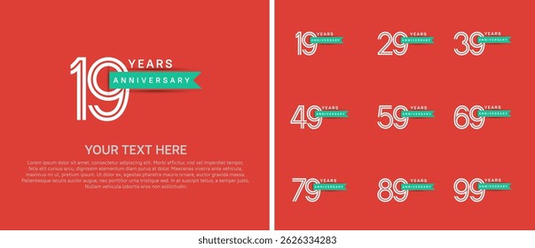 logo anniversary set. white color with green ribbon on orange background for special event