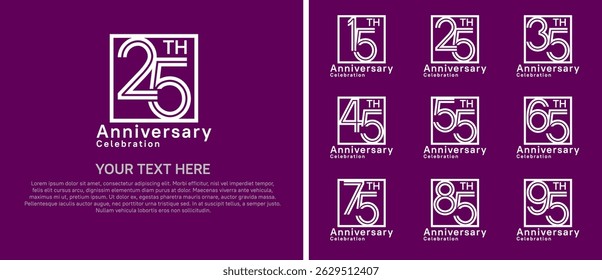 logo anniversary set. white color with square on purple background for special event
