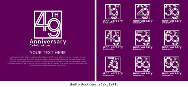 logo anniversary set. white color with square on purple background for special event