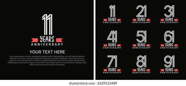 logo anniversary set. white color with red ribbon on black background for special event