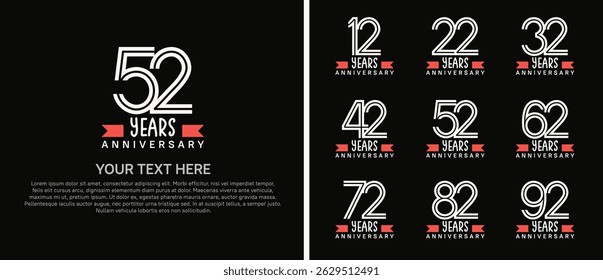 logo anniversary set. white color with red ribbon on black background for special event