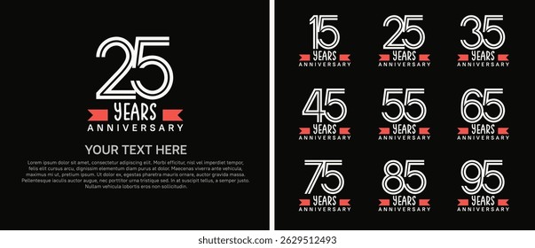 logo anniversary set. white color with red ribbon on black background for special event