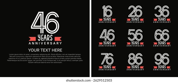 logo anniversary set. white color with red ribbon on black background for special event