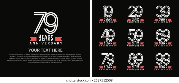 logo anniversary set. white color with red ribbon on black background for special event
