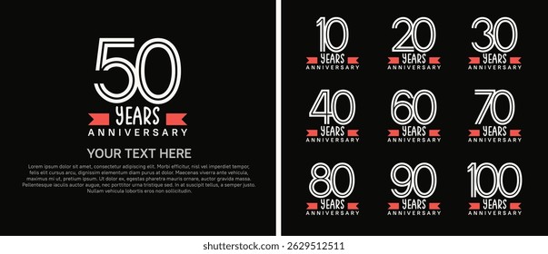 logo anniversary set. white color with red ribbon on black background for special event