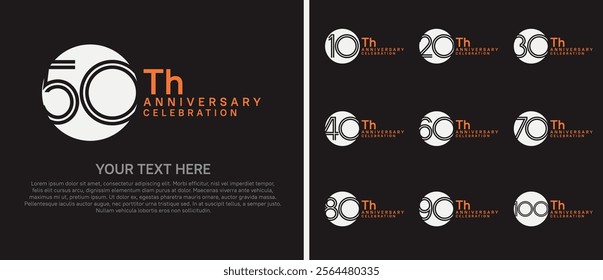 logo anniversary set. white and orange color with circle on black background for special event