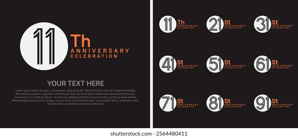 logo anniversary set. white and orange color with circle on black background for special event