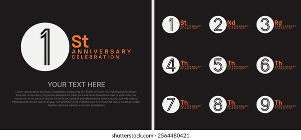 logo anniversary set. white and orange color with circle on black background for special event
