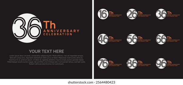 logo anniversary set. white and orange color with circle on black background for special event