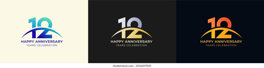 Logo Anniversary with Swoosh Sunrise 12th, 12th Happy Anniversary with Colorful Gradient, Luxury Gold and Silver.