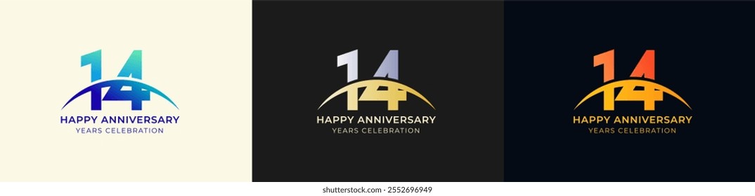 Logo Anniversary with Swoosh Sunrise 14th, 14th Happy Anniversary with Colorful Gradient, Luxury Gold and Silver.