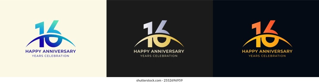 Logo Anniversary with Swoosh Sunrise 16th, 16th Happy Anniversary with Colorful Gradient, Luxury Gold and Silver.