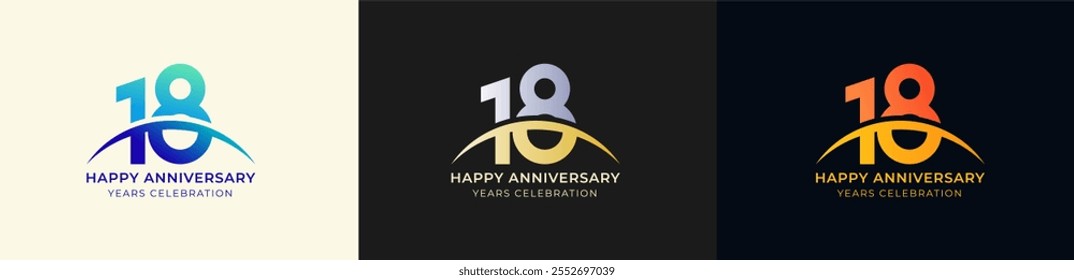 Logo Anniversary with Swoosh Sunrise 18th, 18th Happy Anniversary with Colorful Gradient, Luxury Gold and Silver.