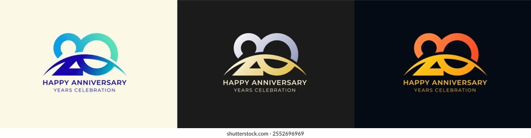 Logo Anniversary with Swoosh Sunrise 20th, 20th Happy Anniversary with Colorful Gradient, Luxury Gold and Silver.