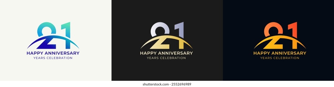 Logo Anniversary with Swoosh Sunrise 21th, 21th Happy Anniversary with Colorful Gradient, Luxury Gold and Silver.