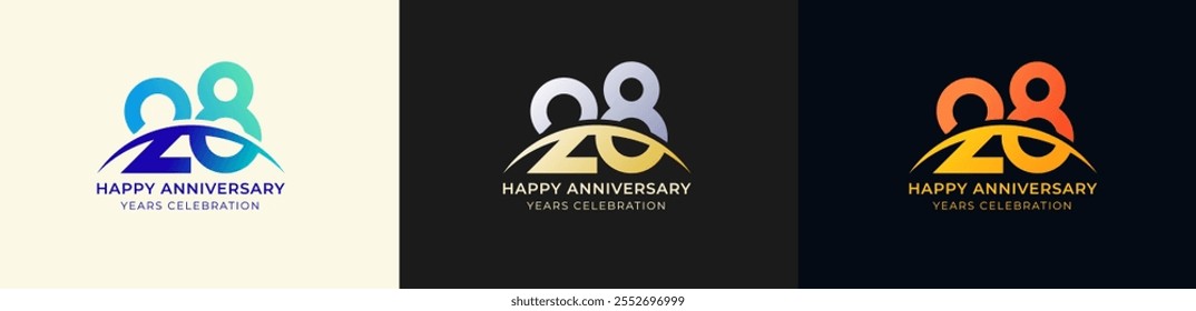 Logo Anniversary with Swoosh Sunrise 28th, 28th Happy Anniversary with Colorful Gradient, Luxury Gold and Silver.
