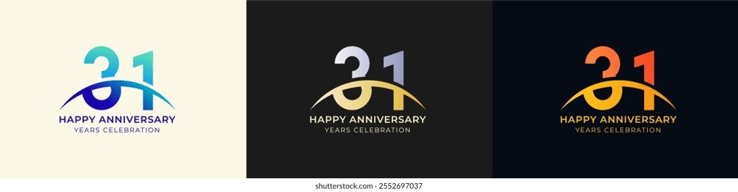 Logo Anniversary with Swoosh Sunrise 31th, 31th Happy Anniversary with Colorful Gradient, Luxury Gold and Silver.