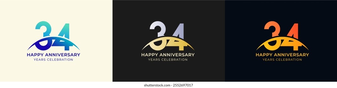 Logo Anniversary with Swoosh Sunrise 34th, 34th Happy Anniversary with Colorful Gradient, Luxury Gold and Silver.