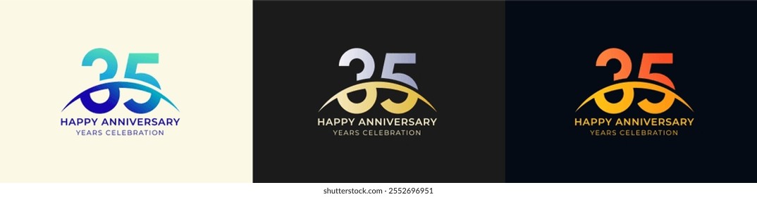 Logo Anniversary with Swoosh Sunrise 35th, 35th Happy Anniversary with Colorful Gradient, Luxury Gold and Silver.