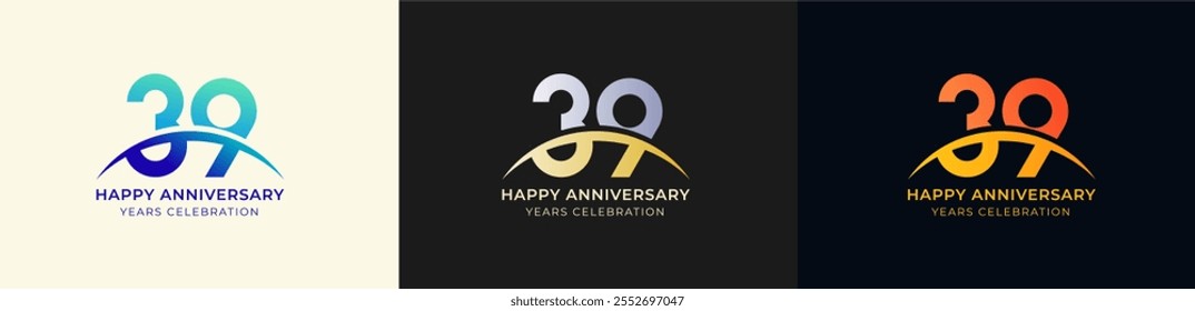 Logo Anniversary with Swoosh Sunrise 39th, 39th Happy Anniversary with Colorful Gradient, Luxury Gold and Silver.