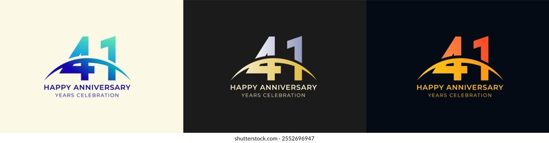 Logo Anniversary with Swoosh Sunrise 41th, 41th Happy Anniversary with Colorful Gradient, Luxury Gold and Silver.