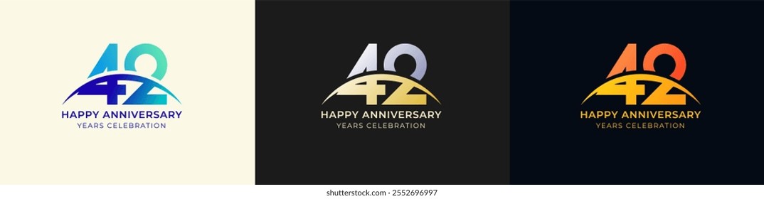 Logo Anniversary with Swoosh Sunrise 42th, 42th Happy Anniversary with Colorful Gradient, Luxury Gold and Silver.